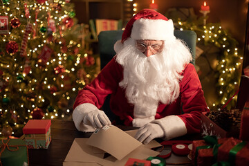 Fototapeta na wymiar Santa Clause is prepares gifts for children for Xmas at his desk at home while going through letters