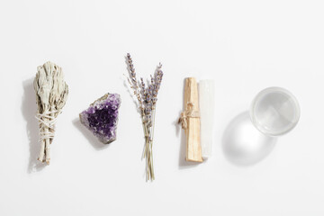 Palo Santo stick with selenite, dried sage, druse of amethyst, lavender and fortune telling ball