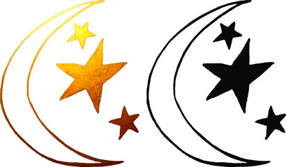 Obraz premium Boho flash tattoo design hand drawn art sun and crescent moon set. Antique style design vector isolated on white background