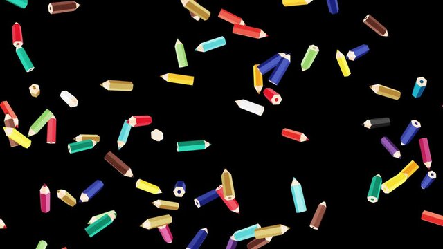 Many colored pencils floating in air on black background. Education concept. Low polygonal writing utensil. 3D loop animation.