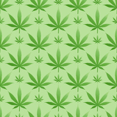 Seamless pattern with green gradient marijuana leaf on light green background.