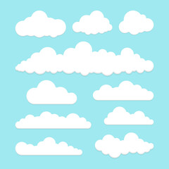 Set of cute white clouds on a blue background.