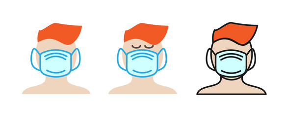 Young man with surgical disposable mask color icon. Symbol of protection, safety, prevention