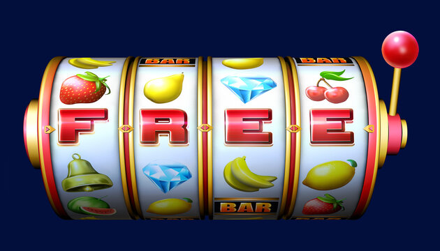 Fruit themed symbols on a slot machine reel with FREE word written on it. 3D rendered illustration isolated on white background