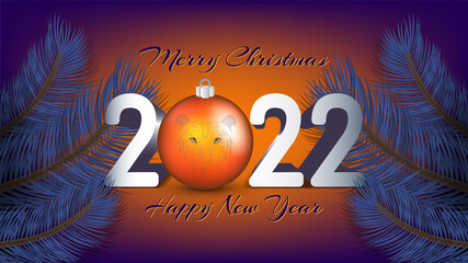 Fototapeta na wymiar Merry Christmas and Happy New Year. Date 2022, orange glass ball toy with tiger head. Blue spruce branches
