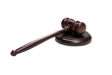 Wooden judge gavel and soundboard isolated on a white background.