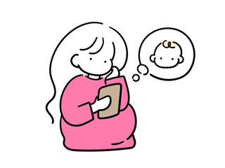 子育てについて調べる妊娠中の女性のシンプルでおしゃれな線画イラスト