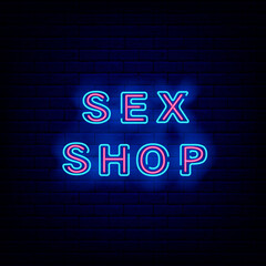 Sex shop neon signboard. Night bright banner. Intimate items. Isolated vector illustration