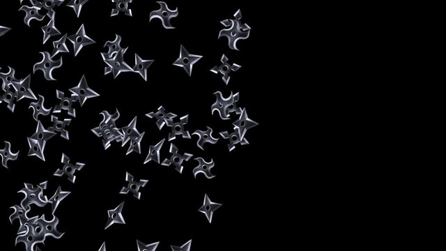Many various shuriken throwing in air on black background. Japanese culture metal weapon. Martial art concept. Loop animation.
