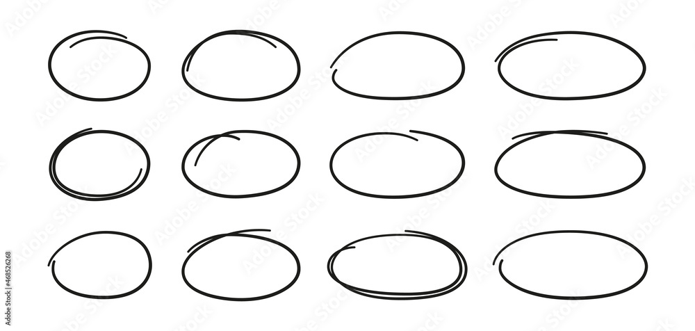Poster hand drawn ovals set. ovals of different widths. highlight circle frames. ellipses in doodle style. 