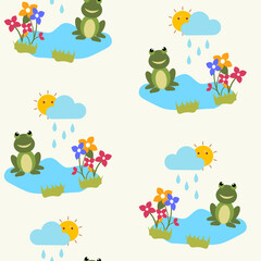 Repeat-less Cartoon Frog With Flowers And Sun Behind Rain Clouds On Beige Background.