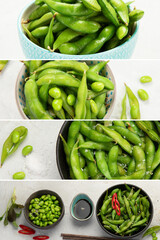 Collage of raw edamame soya beans with salt and sauce.