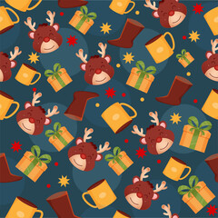 Repeat-less Cartoon Reindeer Face With Gift Boxes, Mug And Socks On Blue Background.