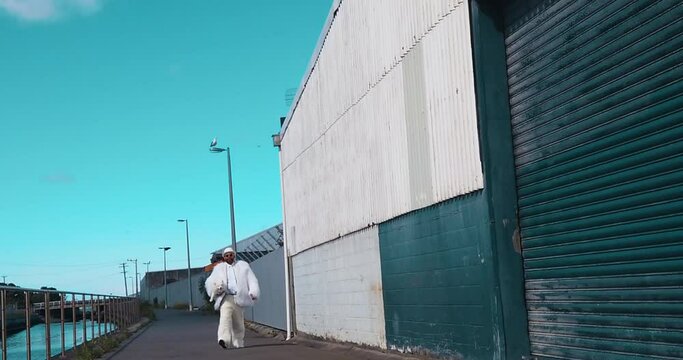 Slow motion fun fur suited man carries Japanese Spitz dog in Wellington - NZ