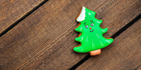 gingerbread christmas tree cookie biscuits new year dessert homemade pastries sweet food background rustic top view copy space 