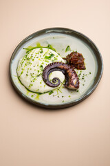 Grilled octopus tentacle served with sauce for lunch