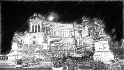 Black and white digital sketch of a night view of one of the historic buildings of Rome in Italy.