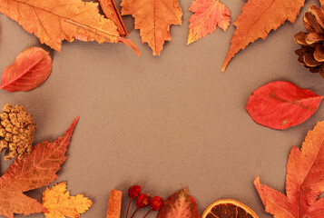 Naklejka na ściany i meble Autumn leaves, cones, cinnamon sticks, dried orange on textured background . Autumn mockup for seasonal offers, top view, flat lay