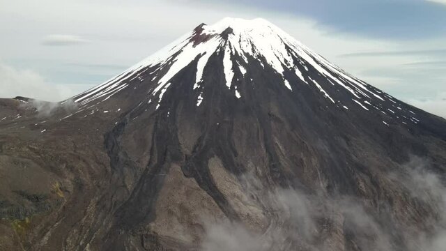 Mount Ngauruhoe in Tongariro National Park, New Zealand. Stunning high rise aerial overview.