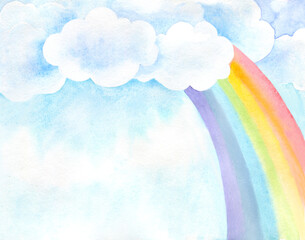 Composition with rainbow and clouds in hand drawn style, watercolor illustration.