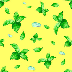 Seamless pattern with green mint leaves and turquoise drop. Watercolor drawing of green seasoning for textiles, wallpaper, packaging and bed linen.