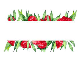 A postcard with eucalyptus and ripe strawberries. Watercolor hand drawing on a white background with space for text.