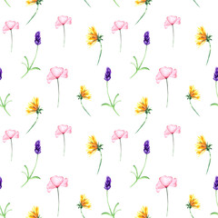 Watercolor background with wildflowers: sunflowers and lavender. Seamless pattern for textiles, wallpaper, bedding and packaging.