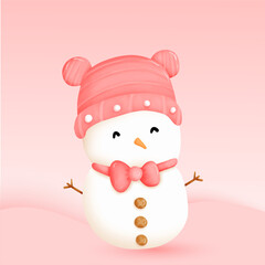 cute snow man in pink dress up with hat teddy and bow.happy snowball on christmas time amount the mountain.it is adorable and good for card and blackground.