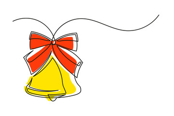Continuous one line drawing of a Christmas bell and bow. Christmas bell of yellow color and red bow isolated on white background. Vector illustration