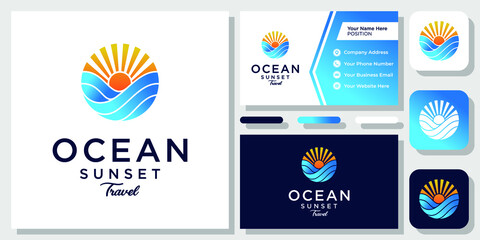 Sun Wave Ocean Sea Sunset Sunrise Holiday Water Circle Icon Logo Design with Business Card Template