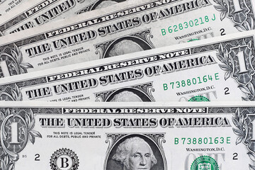 1 dollar bills. Money background. Top view, flat lay. Selective focus.