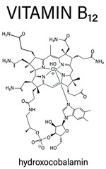 Hydroxocobalamin vitamin B12 molecule. Often given therapeutically in case of B12 deficiency. Skeletal formula.