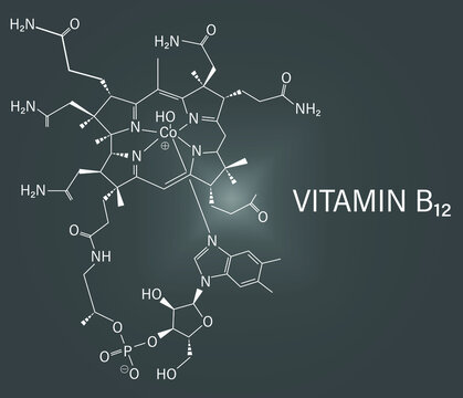 Hydroxocobalamin vitamin B12 molecule. Often given therapeutically in case of B12 deficiency. Skeletal formula.