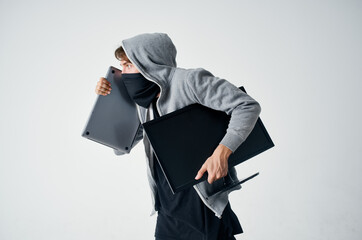 masked man hooded head hacking technology security isolated background
