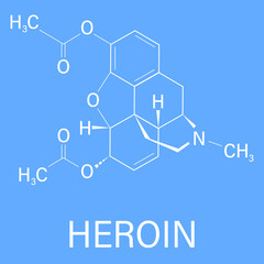 Heroin molecular structure isolated flat vector sign. Heroin (diacetylmorphine, morphine diacetate, diamorphine) opioid drug molecule.