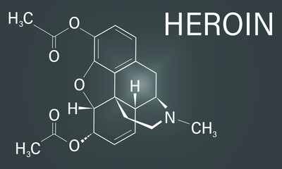 Heroin molecular structure isolated flat vector sign. Heroin (diacetylmorphine, morphine diacetate, diamorphine) opioid drug molecule.