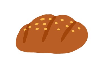 Loaf of brown rye bread. Fresh whole-grain bakery. Cereal food from dough with sesame seeds. Colored flat vector illustration isolated on white background