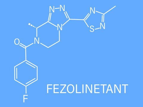 Fezolinetant drug molecule (NK3 receptor inhibitor) skeletal formula.	

