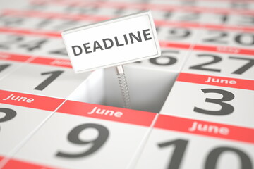 DEADLINE plate on June 2 in a calendar, 3d rendering