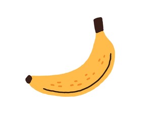 Fresh ripe banana in peel. Sweet tropical food icon. Natural exotic banan in yellow skin in doodle style. Raw vitamin. Colored flat vector illustration isolated on white background - obrazy, fototapety, plakaty
