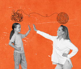 Contemporary art collage of mother and daughter giving high five isolated over orange background
