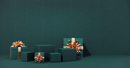 New Year greeting card, poster, banner with red gift boxes, presents - 3D, render. Christmas studio interior with gold platform, toys. Stand, podium, pedestal for goods, shop windows and magazines.   © JooLaR