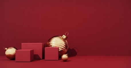 New Year greeting card, poster, banner with red gift boxes, presents - 3D, render. Christmas studio interior with gold platform, toys. Stand, podium, pedestal for goods, shop windows and magazines.	
