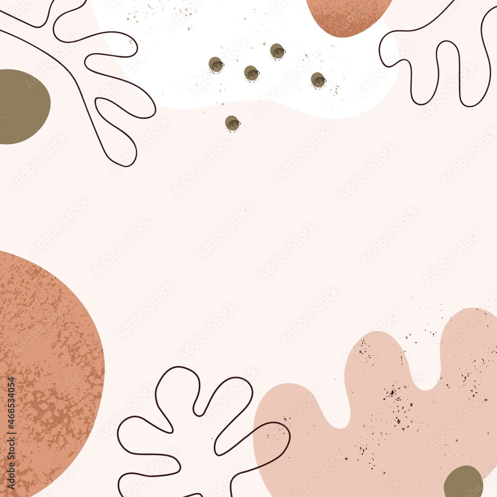 Poster Modern background design with frame from abstract geometric shapes, elements and leaf. Square card template with trendy creative pattern, organic forms, lines, brush blobs. Flat vector illustration