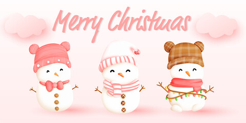 Three cute cartoon snowman character for banner background.they are adorable for christmas card in pink theme or sweet design.they are wearing hats and watercolor style.