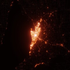 Adelaide city lights map, top view from space. Aerial view on night street lights. Global networking, cyberspace