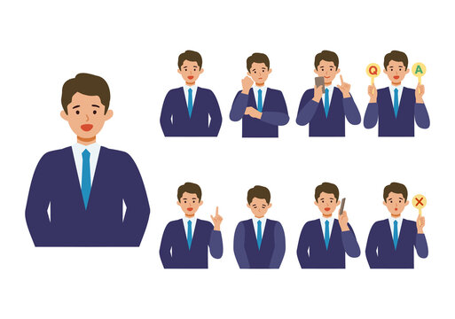 BusinessMan cartoon character head collection set. People face profiles avatars and icons. Close up image of smiling man.