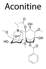 Skeletal formula of Aconitine molecule. Toxin present in Aconitum plants (monkshood).