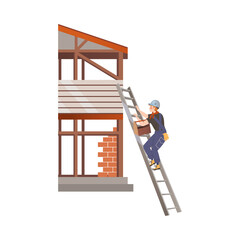 Man Builder Character with Toolbox Climbing Up the Ladder to House Roof Top Vector Illustration