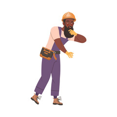 Bearded Smiling Man Builder Character Standing in Protective Gloves Vector Illustration